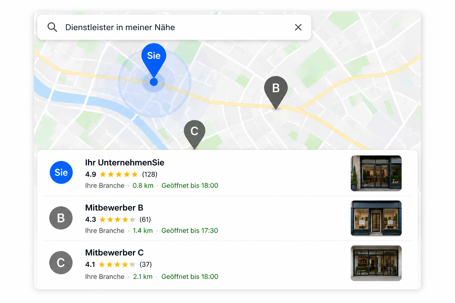 Beispiel eines lokalen Google-Suchergebnisses mit Karte und Anbieterliste